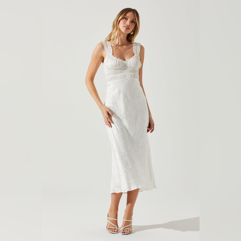 ASTR Enola Satin Smocked Midi Dress, White, Size Medium